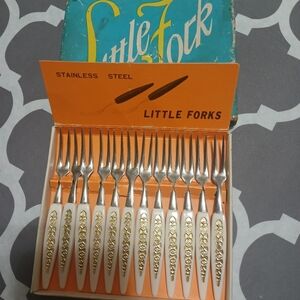 Vintage  Little Fork Stainless Steel Cocktail Forks 1960's White/Gold